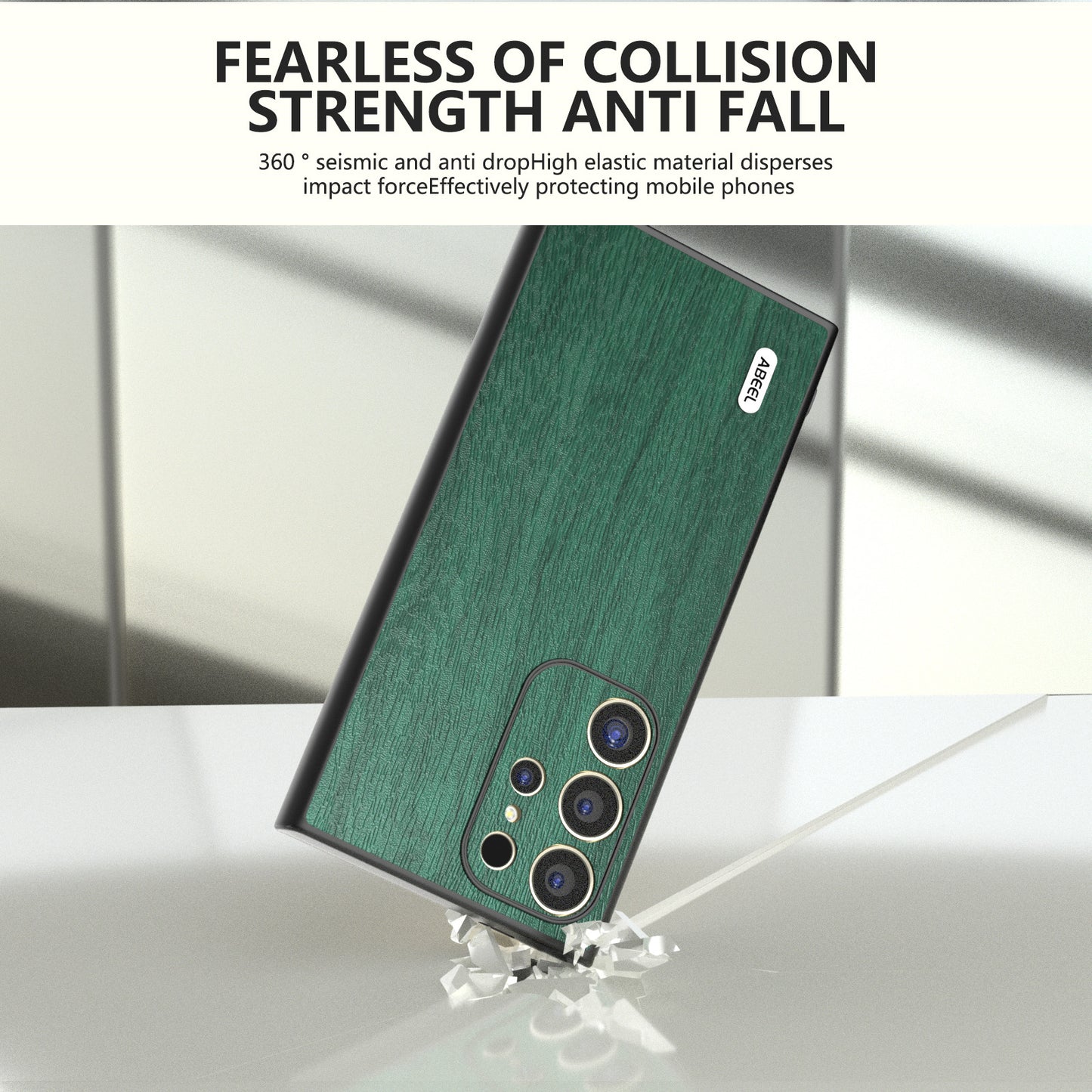 ABEEL For Samsung Galaxy S24 Ultra Case Wood Texture Leather Coated PC+TPU Hybrid Cover - Green