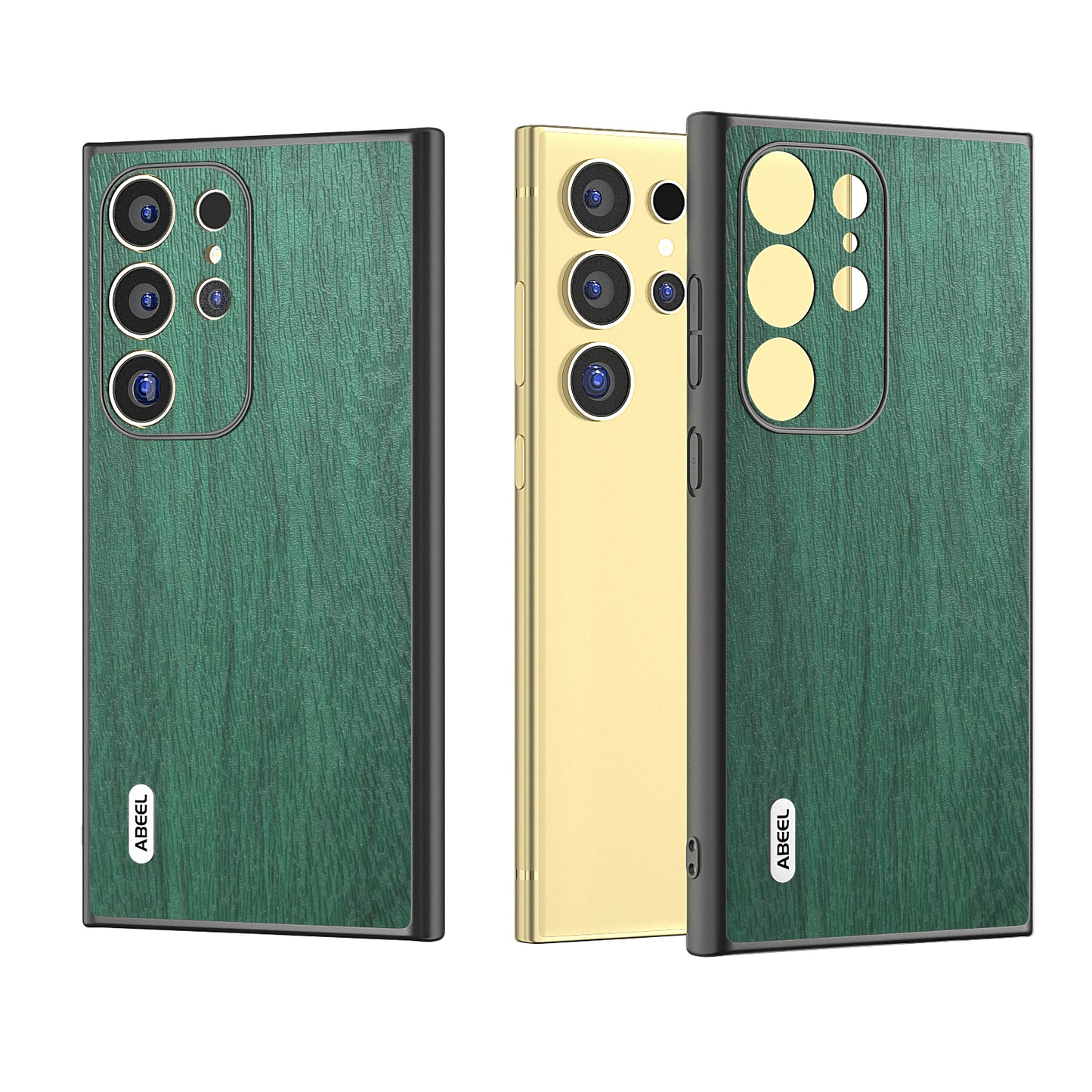 ABEEL For Samsung Galaxy S24 Ultra Case Wood Texture Leather Coated PC+TPU Hybrid Cover - Green