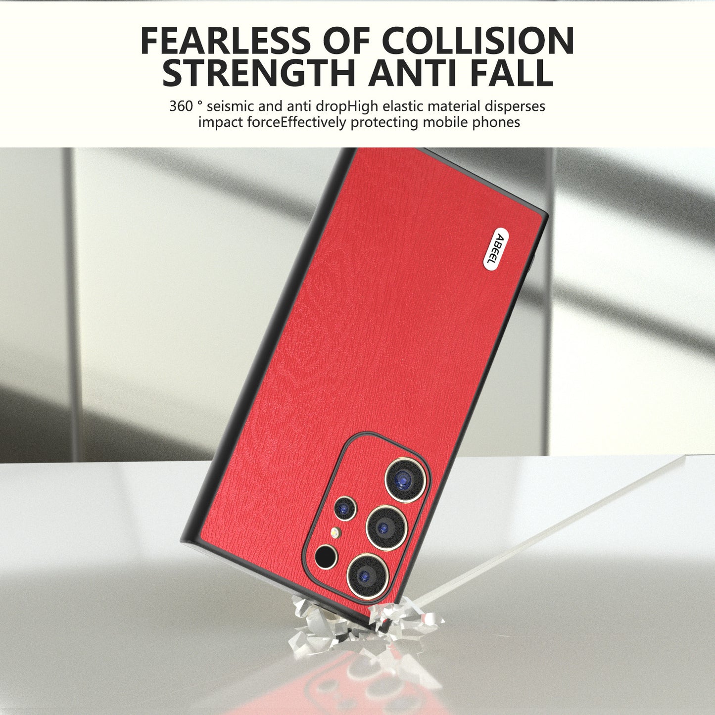 ABEEL For Samsung Galaxy S24 Ultra Case Wood Texture Leather Coated PC+TPU Hybrid Cover - Red