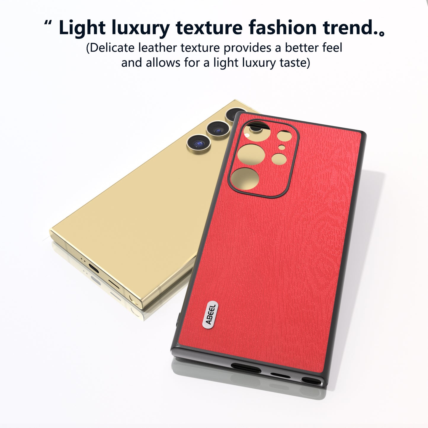 ABEEL For Samsung Galaxy S24 Ultra Case Wood Texture Leather Coated PC+TPU Hybrid Cover - Red