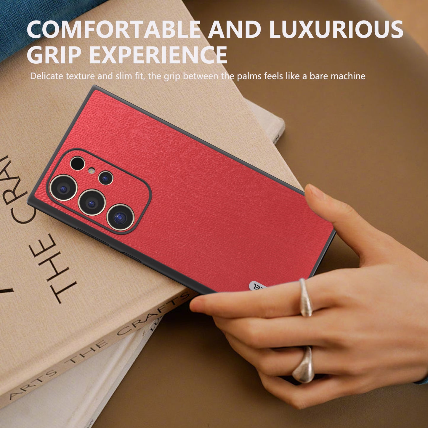 ABEEL For Samsung Galaxy S24 Ultra Case Wood Texture Leather Coated PC+TPU Hybrid Cover - Red