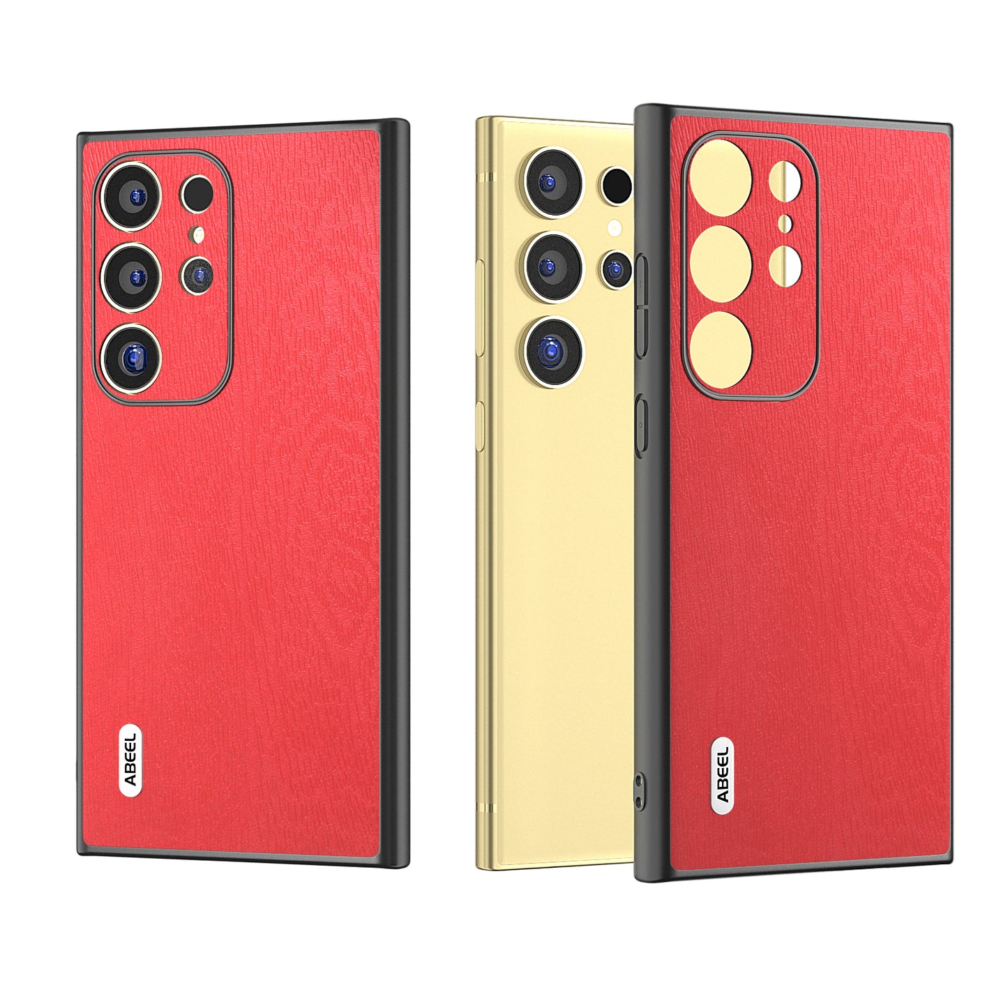ABEEL For Samsung Galaxy S24 Ultra Case Wood Texture Leather Coated PC+TPU Hybrid Cover - Red