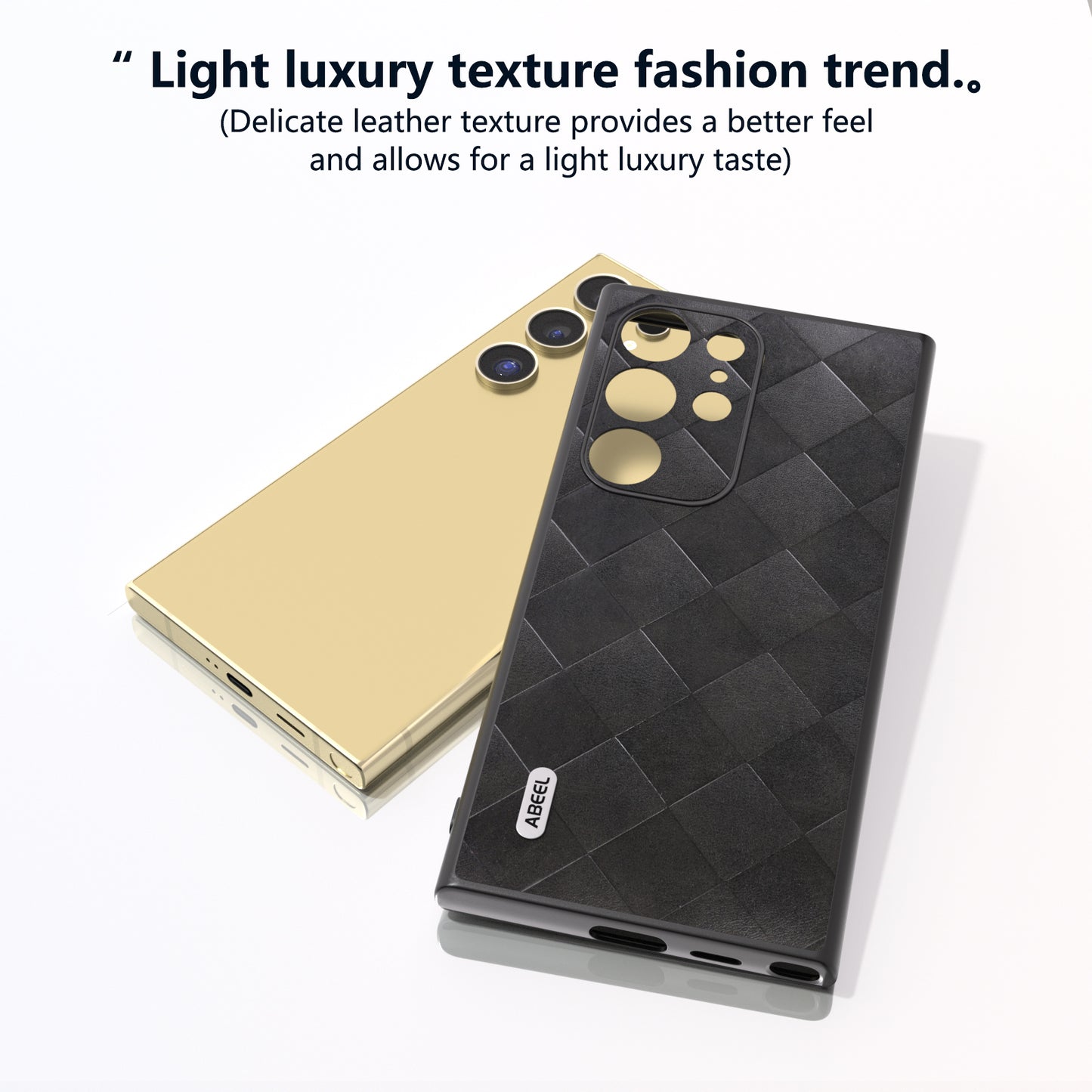 ABEEL For Samsung Galaxy S24 Ultra Case Grid Texture PU Leather+TPU+PC Protective Phone Cover - Black