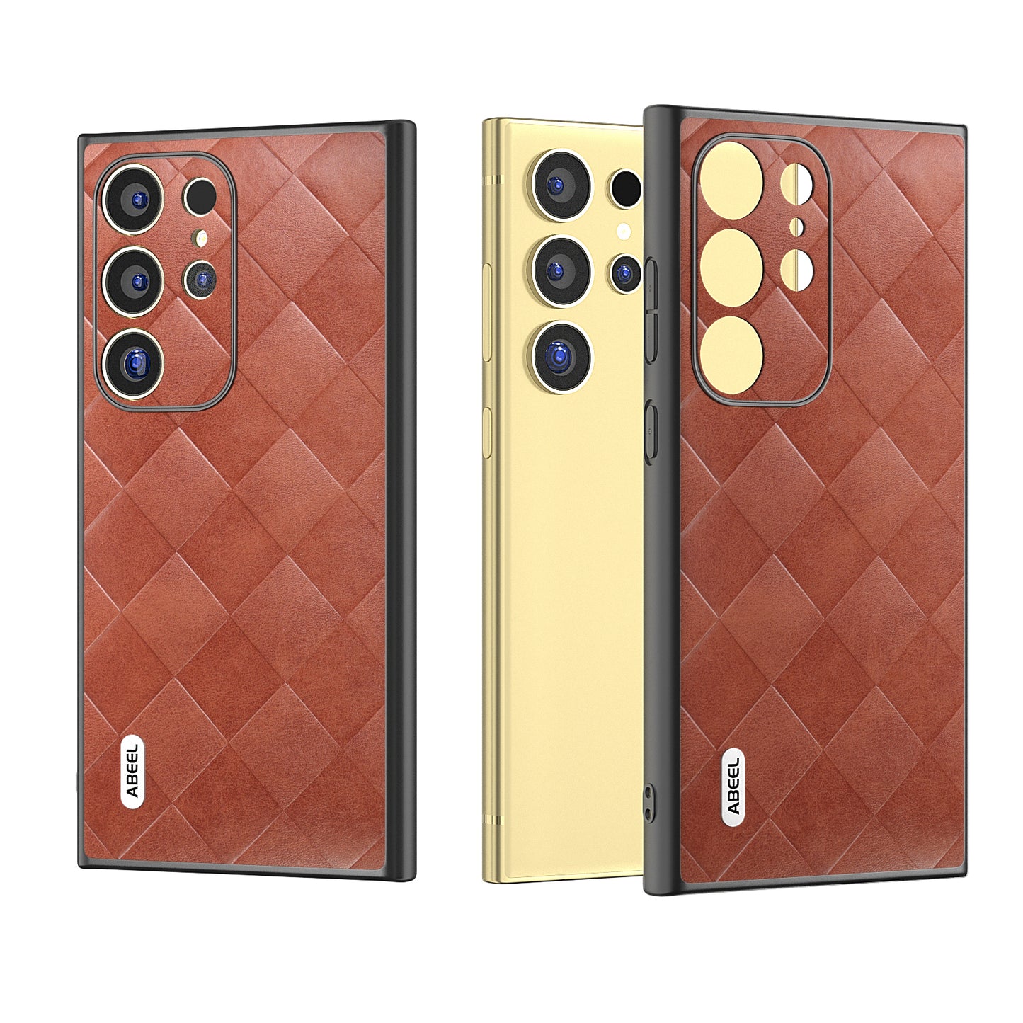 ABEEL For Samsung Galaxy S24 Ultra Case Grid Texture PU Leather+TPU+PC Protective Phone Cover - Brown