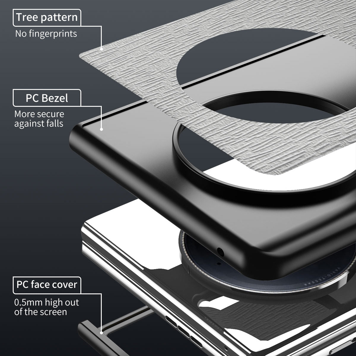 For vivo X Fold3 Case PU Leather+PC+TPU Tree Pattern Slim Protective Phone Cover - Grey