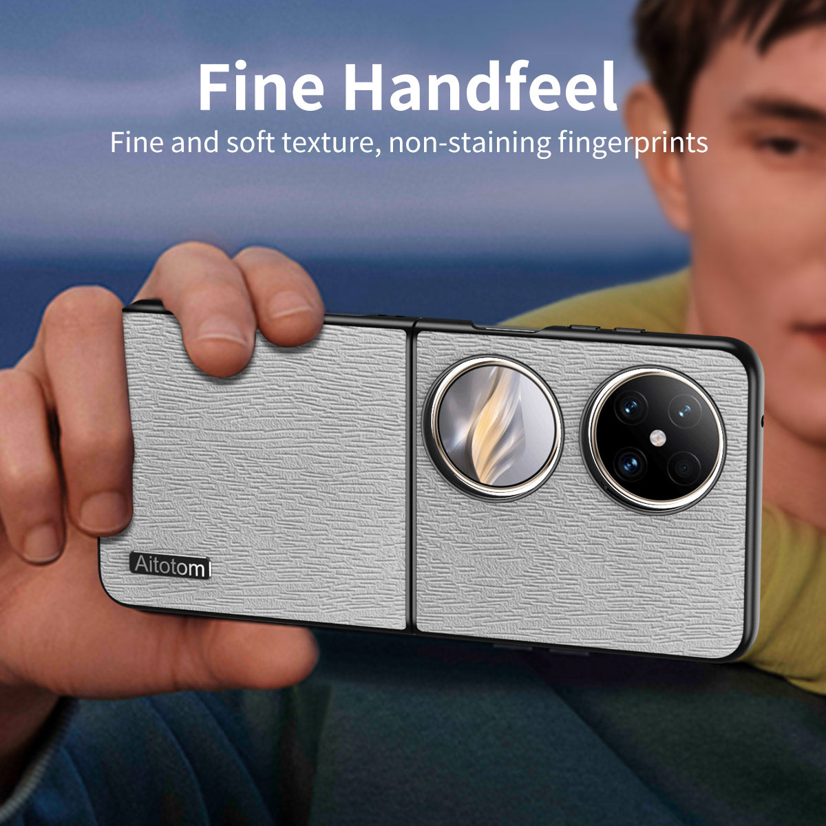 For Huawei Pocket 2 Case Wood Texture PU Leather+PC+TPU Anti-Scratch Phone Cover - Grey