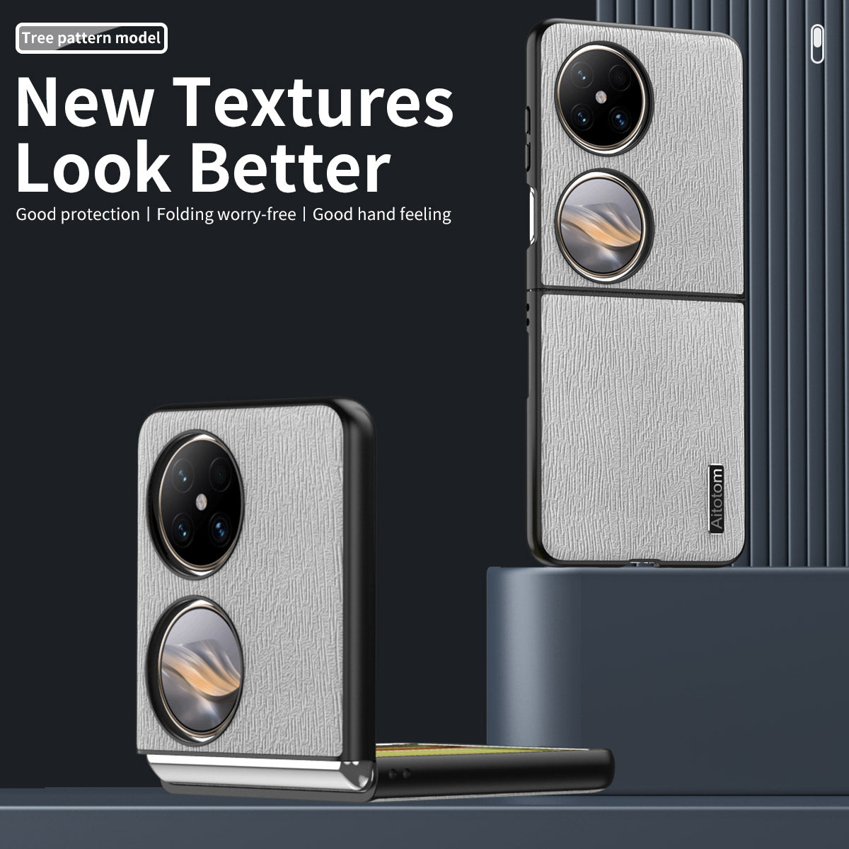 For Huawei Pocket 2 Case Wood Texture PU Leather+PC+TPU Anti-Scratch Phone Cover - Grey