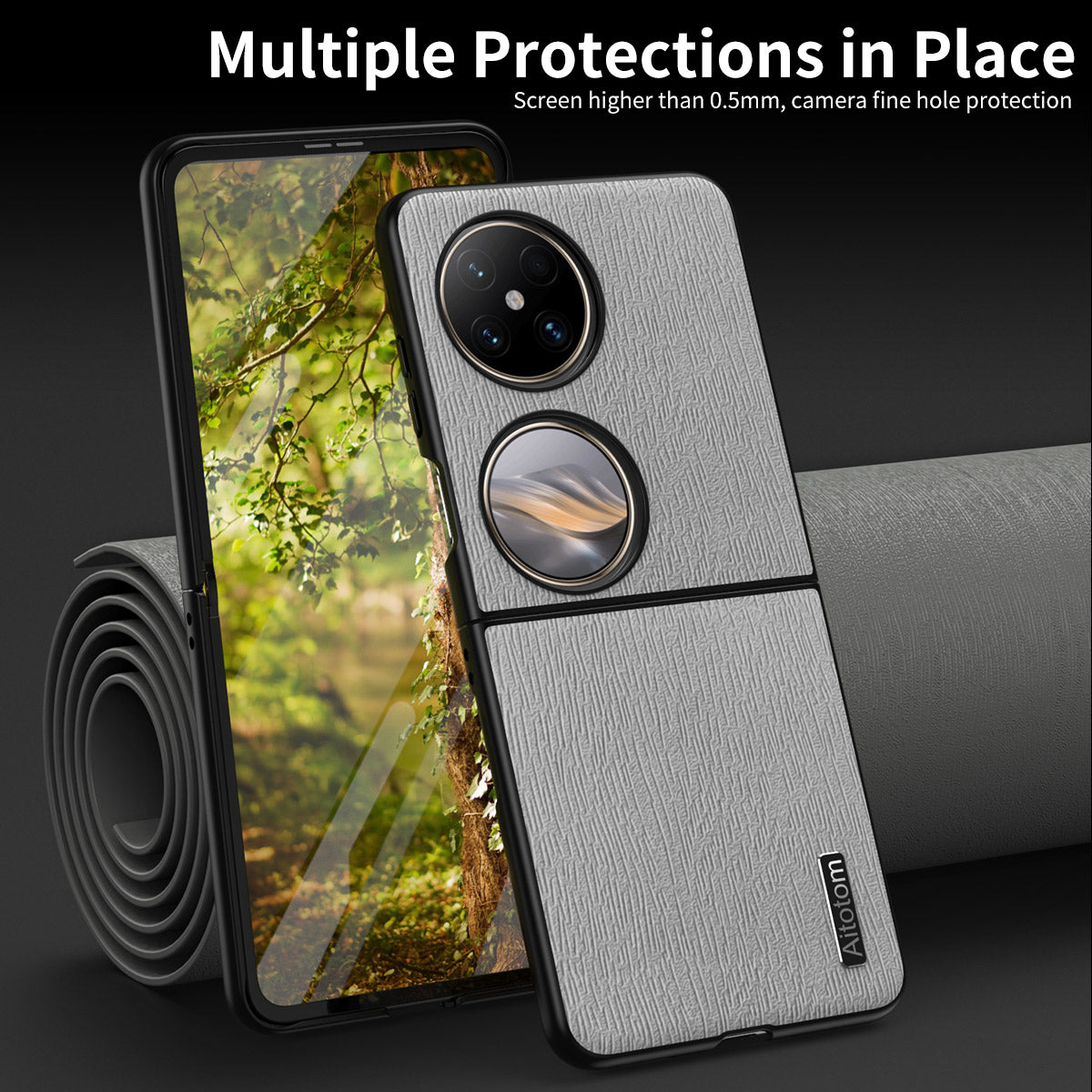 For Huawei Pocket 2 Case Wood Texture PU Leather+PC+TPU Anti-Scratch Phone Cover - Grey