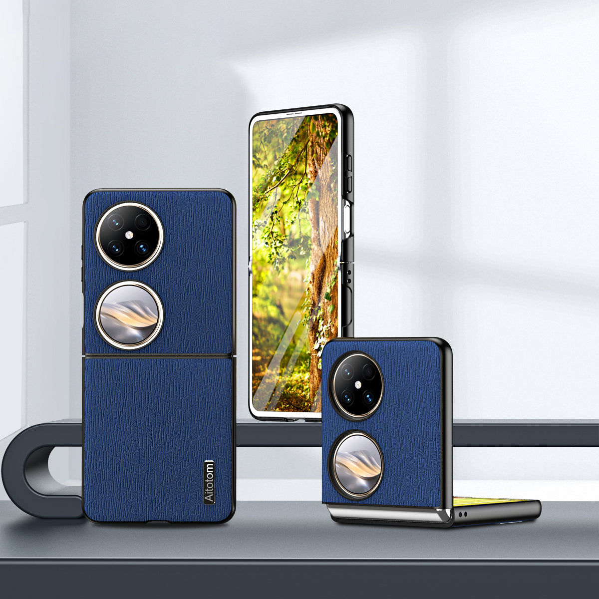 For Huawei Pocket 2 Case Wood Texture PU Leather+PC+TPU Anti-Scratch Phone Cover - Blue