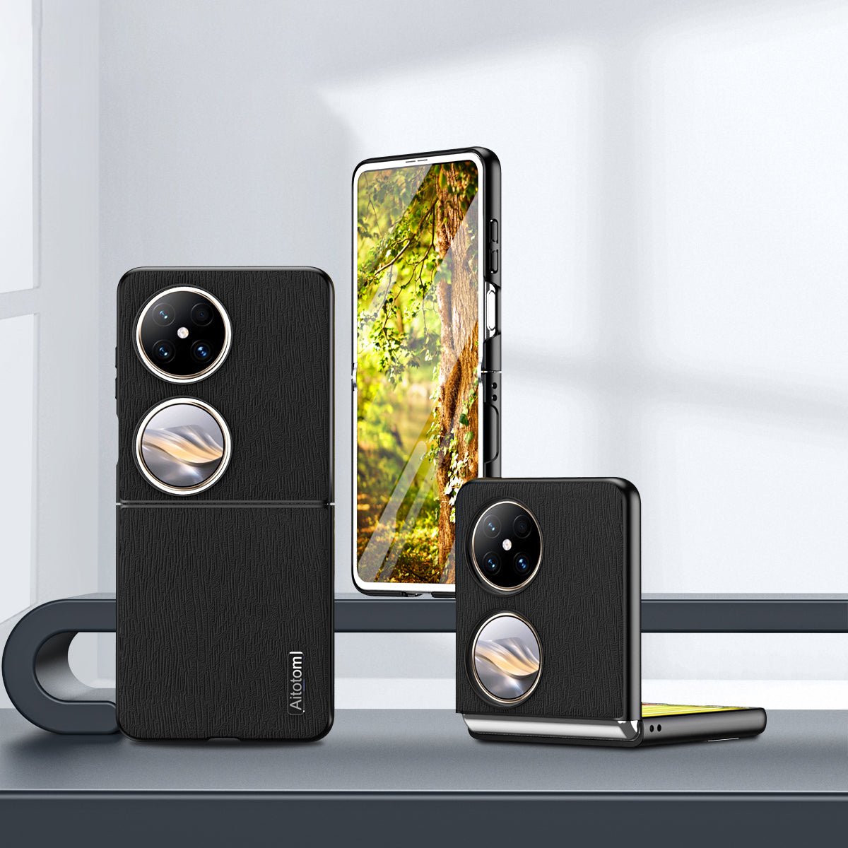 For Huawei Pocket 2 Case Wood Texture PU Leather+PC+TPU Anti-Scratch Phone Cover - Blue