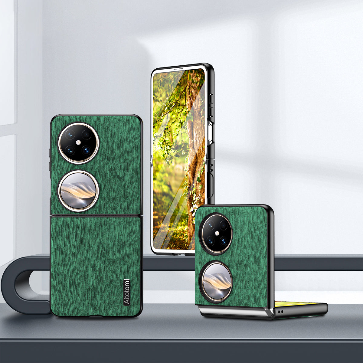 For Huawei Pocket 2 Case Wood Texture PU Leather+PC+TPU Anti-Scratch Phone Cover - Green