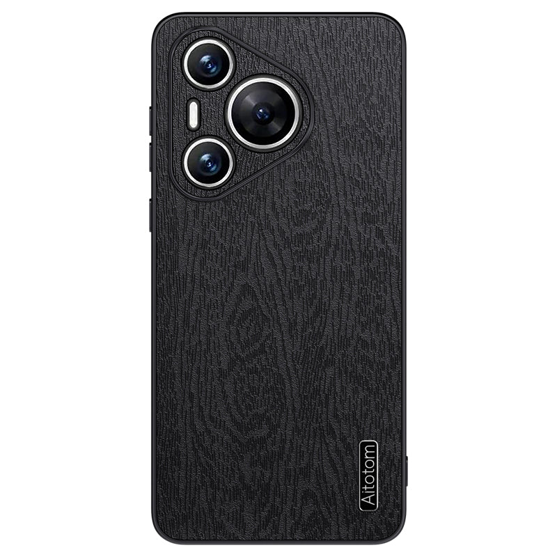 For Huawei Pura 70 Case Wood Grain PU Leather+PC+TPU Slim-Fit Phone Guard Cover - Black
