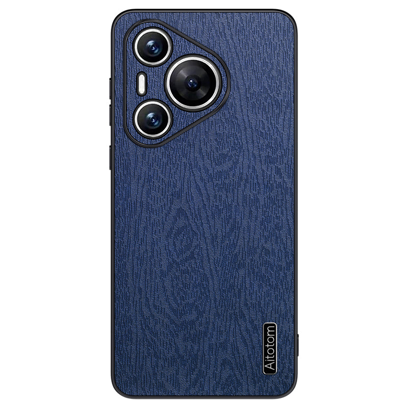 For Huawei Pura 70 Case Wood Grain PU Leather+PC+TPU Slim-Fit Phone Guard Cover - Blue