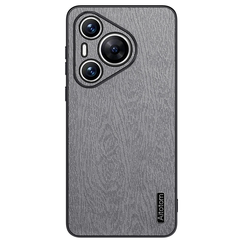 For Huawei Pura 70 Case Wood Grain PU Leather+PC+TPU Slim-Fit Phone Guard Cover - Grey