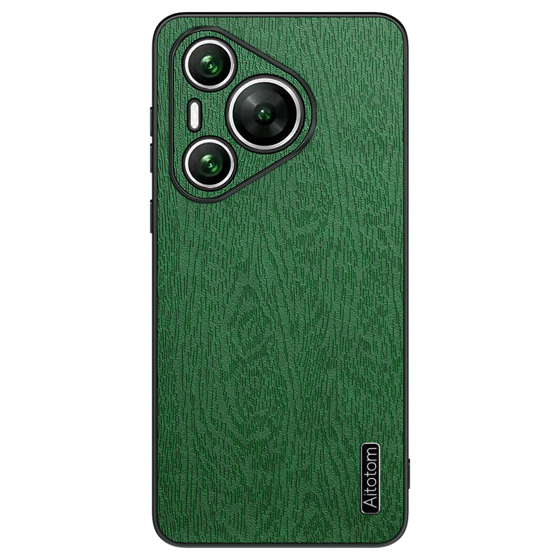 For Huawei Pura 70 Case Wood Grain PU Leather+PC+TPU Slim-Fit Phone Guard Cover - Green