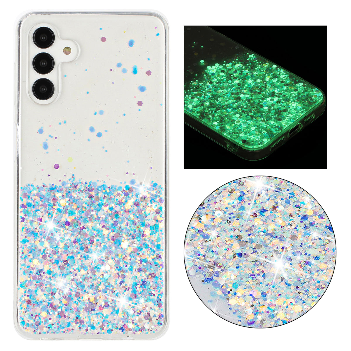 For Samsung Galaxy S24 Case Sparkle Sequins Luminous Epoxy TPU Phone Cover - White