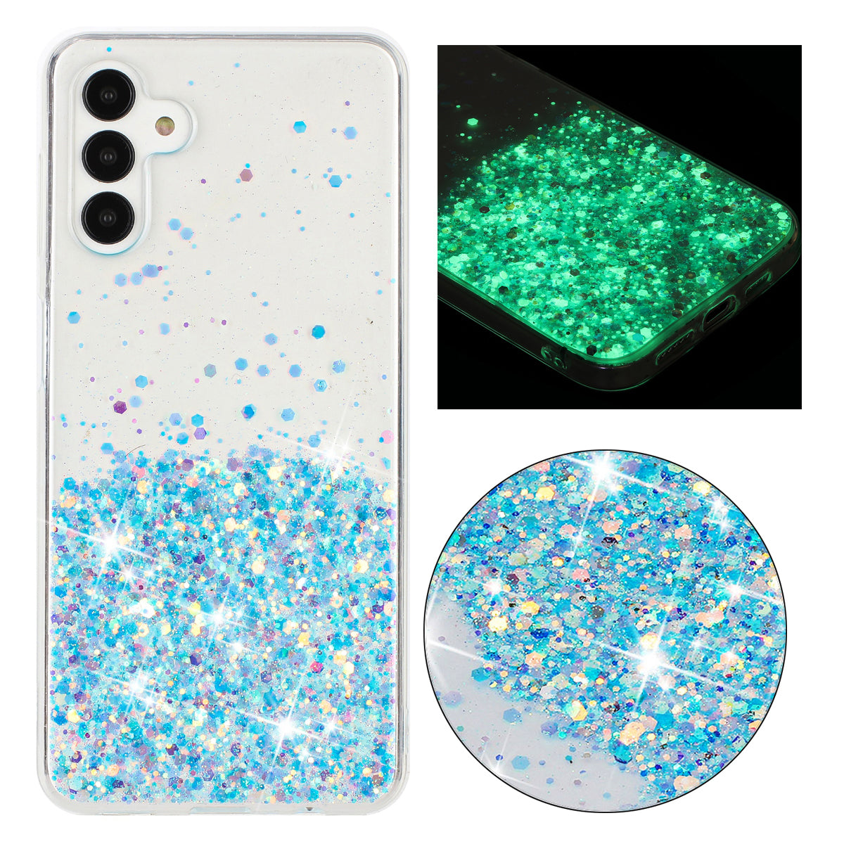 For Samsung Galaxy S24 Case Sparkle Sequins Luminous Epoxy TPU Phone Cover - Blue