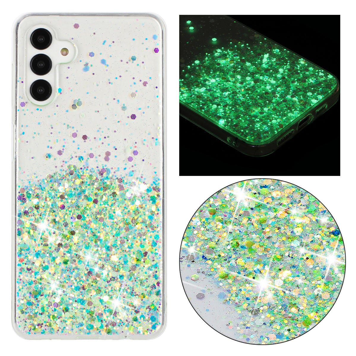 For Samsung Galaxy S24 Case Sparkle Sequins Luminous Epoxy TPU Phone Cover - Green