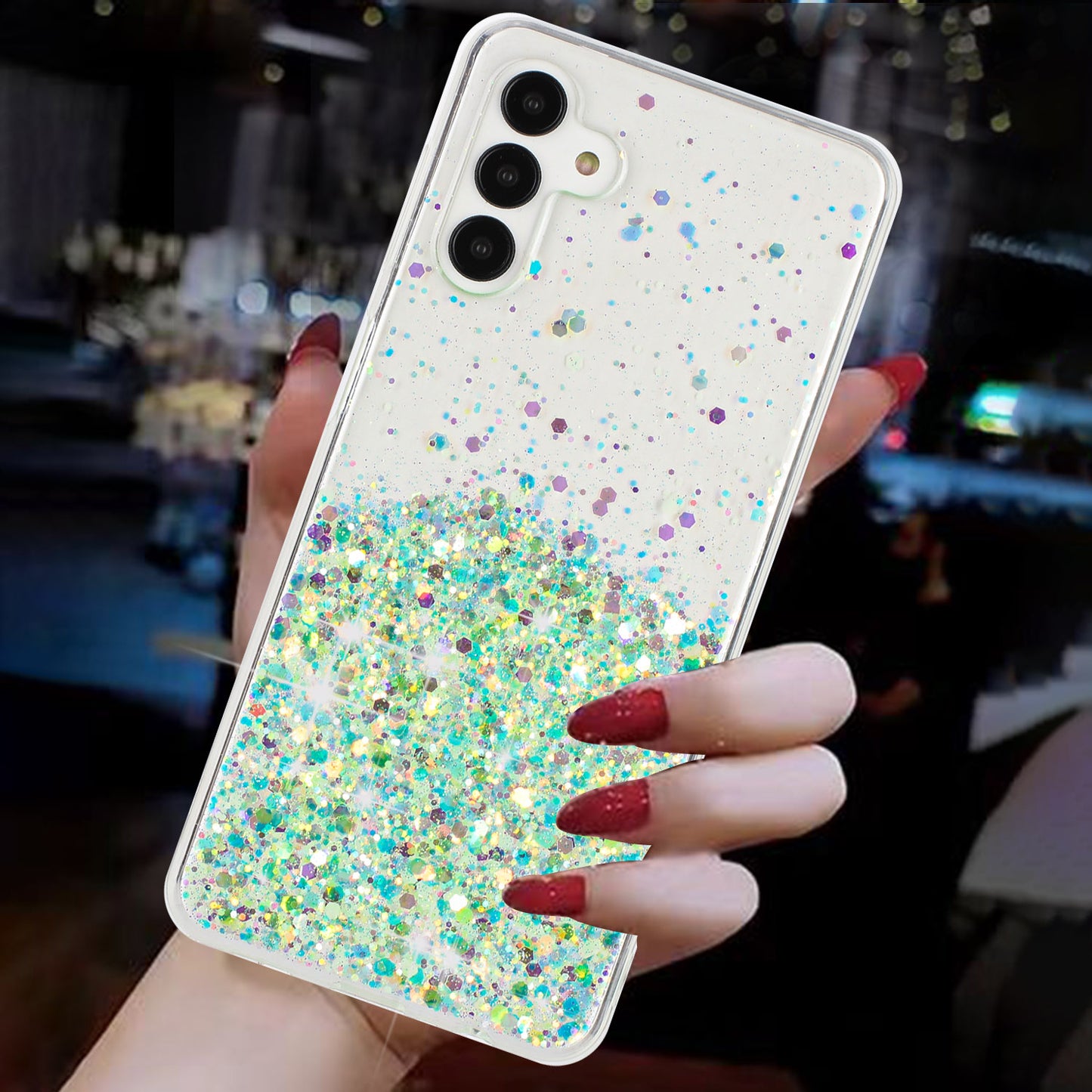 For Samsung Galaxy S24 Case Sparkle Sequins Luminous Epoxy TPU Phone Cover - Green
