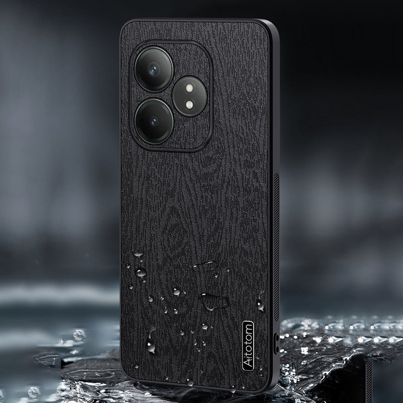 For Realme GT Neo6 SE 5G Cases PU Leather+PC+TPU Anti-drop Wood Texture Phone Cover - Black