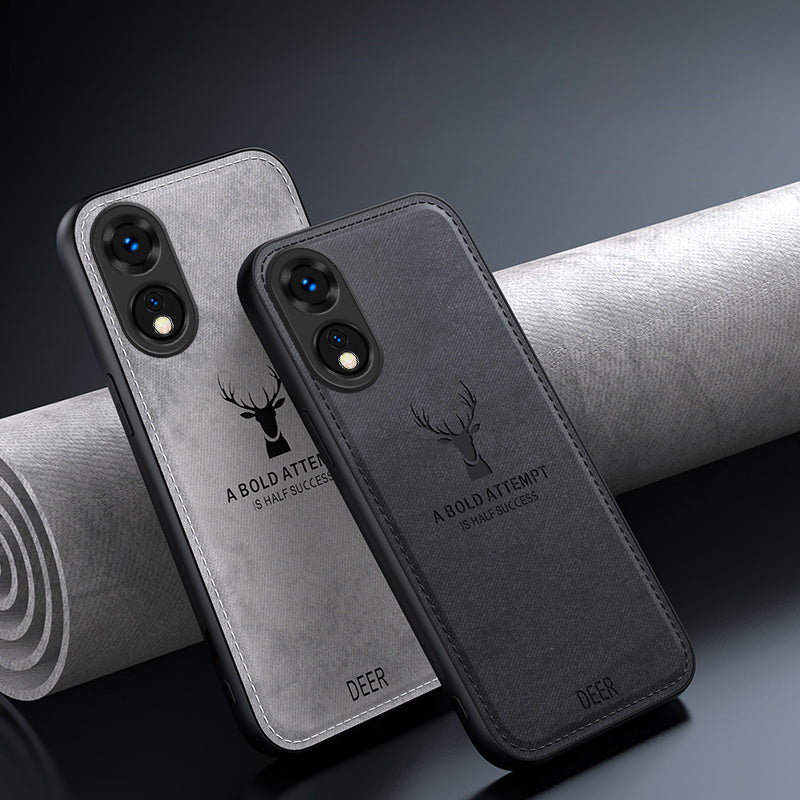 For Oppo A78 4G Case Deer Pattern Cloth Texture Leather+PC+TPU Hybrid Phone Cover - Grey