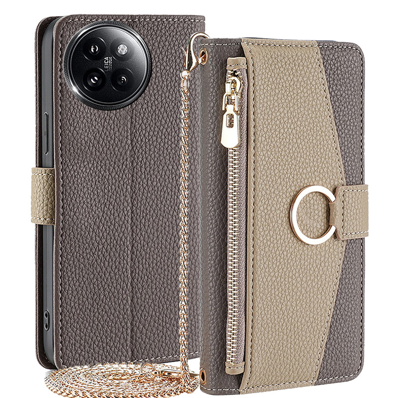 For Xiaomi Civi 4 Pro 5G Leather Case Zipper Wallet Stand Phone Cover with Mirror Function - Grey