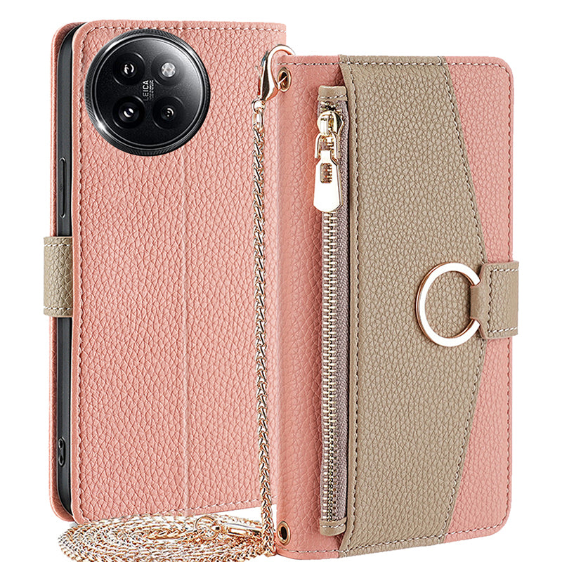 For Xiaomi Civi 4 Pro 5G Leather Case Zipper Wallet Stand Phone Cover with Mirror Function - Pink