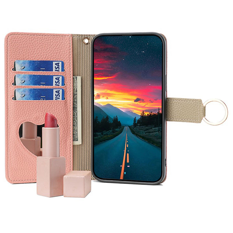 For Xiaomi Civi 4 Pro 5G Leather Case Zipper Wallet Stand Phone Cover with Mirror Function - Pink