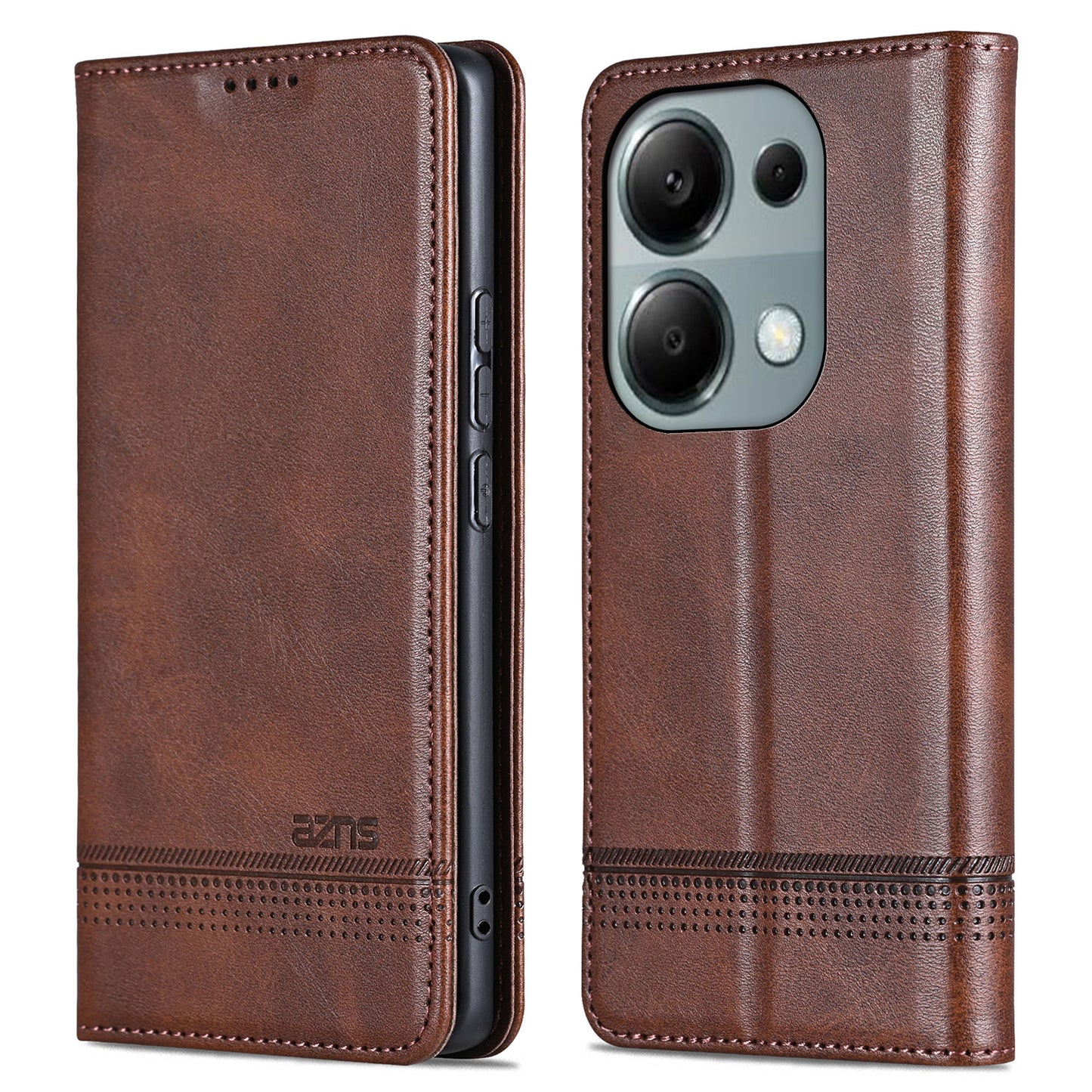AZNS For Xiaomi Redmi Note 13 Pro 4G / Poco M6 Pro 4G Magnetic Case PU Leather Stand Phone Cover - Coffee