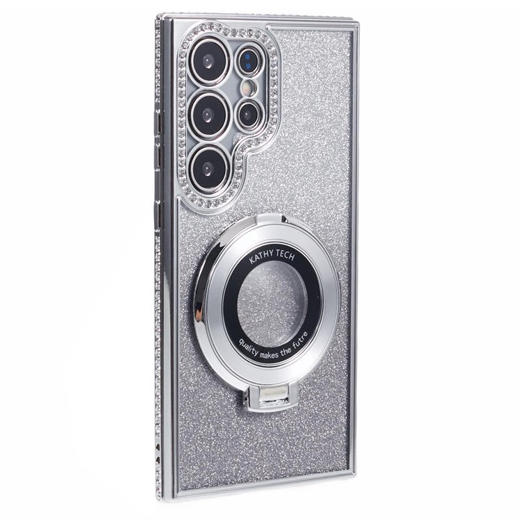 For Samsung Galaxy S23 Ultra TPU Case Rhinestone Gradient Phone Cover with Ring Kickstand - Silver