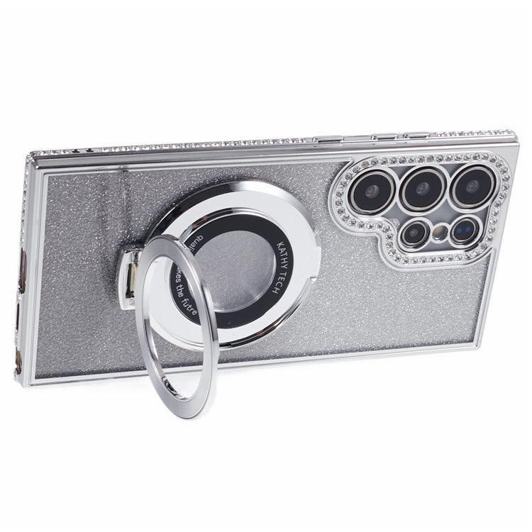 For Samsung Galaxy S23 Ultra TPU Case Rhinestone Gradient Phone Cover with Ring Kickstand - Silver