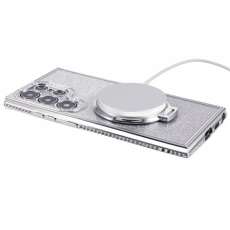 For Samsung Galaxy S23 Ultra TPU Case Rhinestone Gradient Phone Cover with Ring Kickstand - Silver