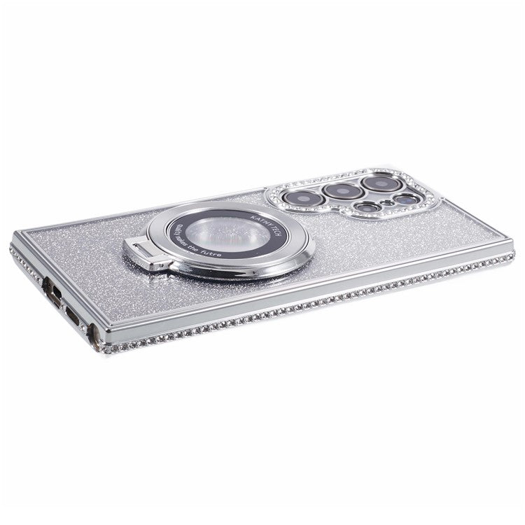For Samsung Galaxy S23 Ultra TPU Case Rhinestone Gradient Phone Cover with Ring Kickstand - Silver