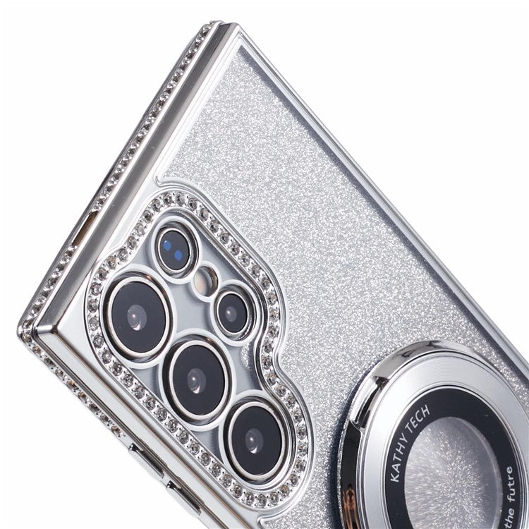 For Samsung Galaxy S23 Ultra TPU Case Rhinestone Gradient Phone Cover with Ring Kickstand - Silver