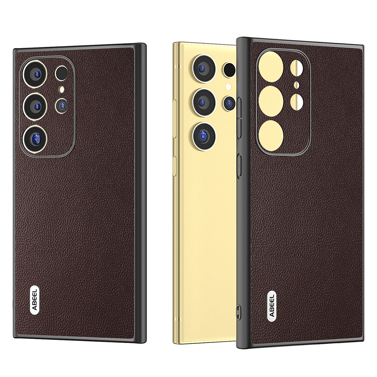 ABEEL For Samsung Galaxy S24 Ultra Phone Cover Bump Proof Genuine Cow Leather Classy Case - Coffee