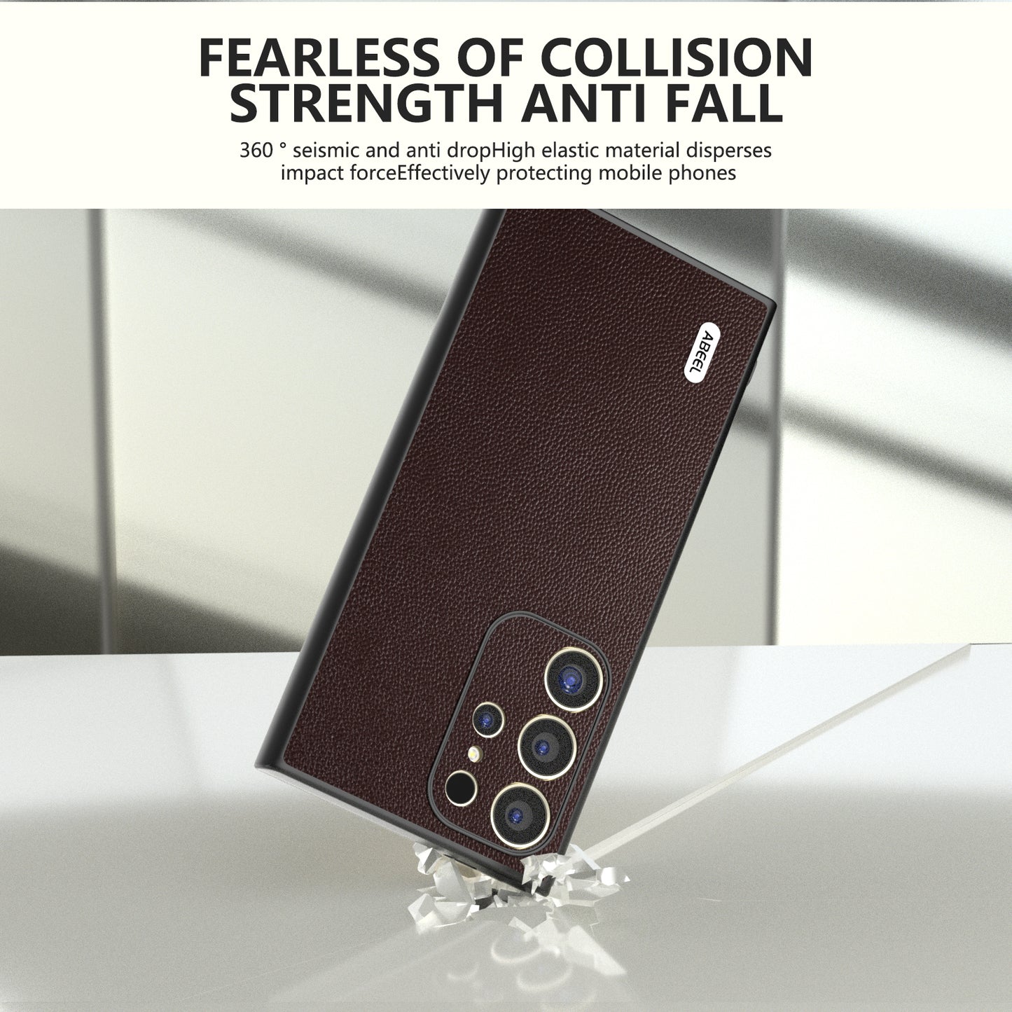 ABEEL For Samsung Galaxy S24 Ultra Phone Cover Bump Proof Genuine Cow Leather Classy Case - Coffee
