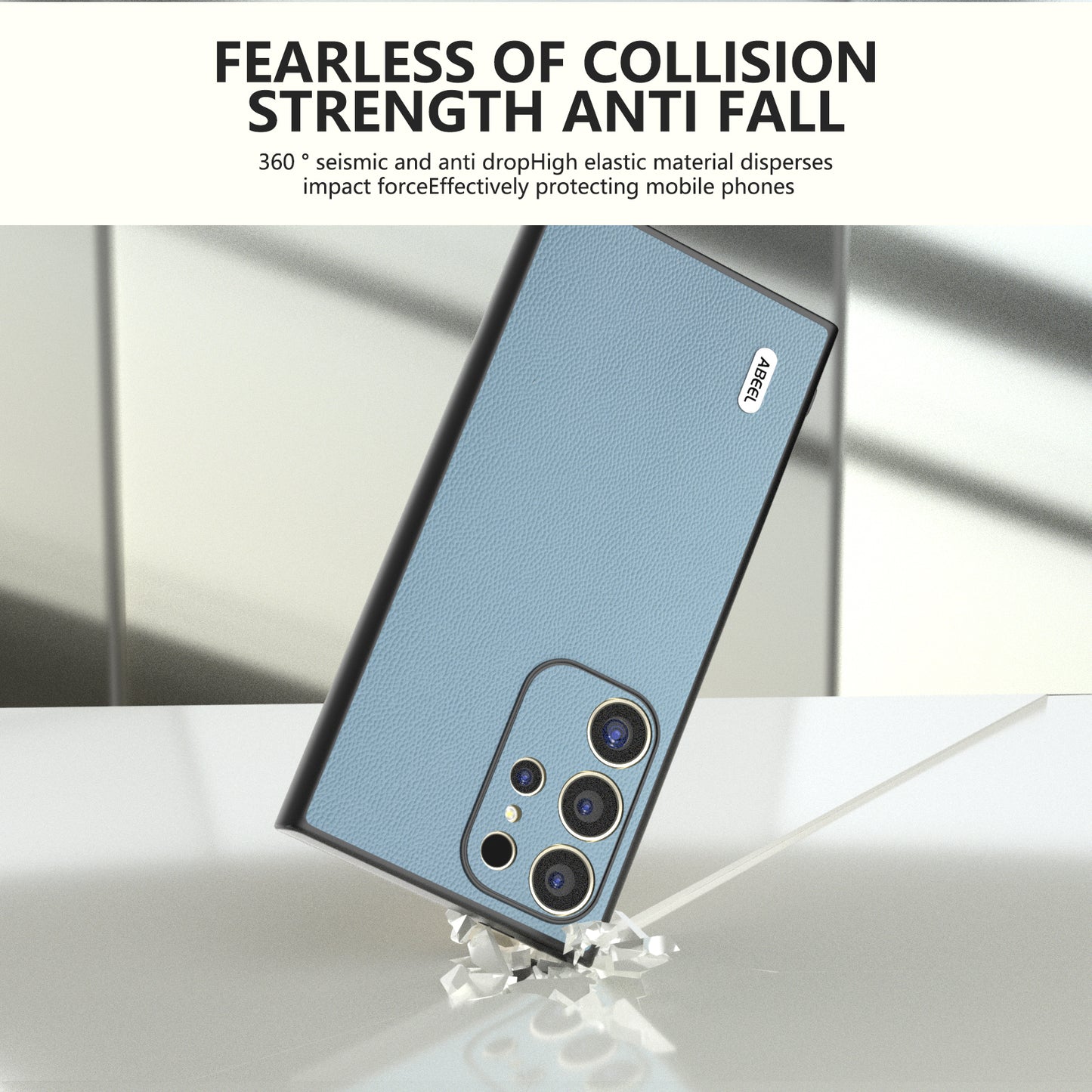 ABEEL For Samsung Galaxy S24 Ultra Phone Cover Bump Proof Genuine Cow Leather Classy Case - Sky Blue