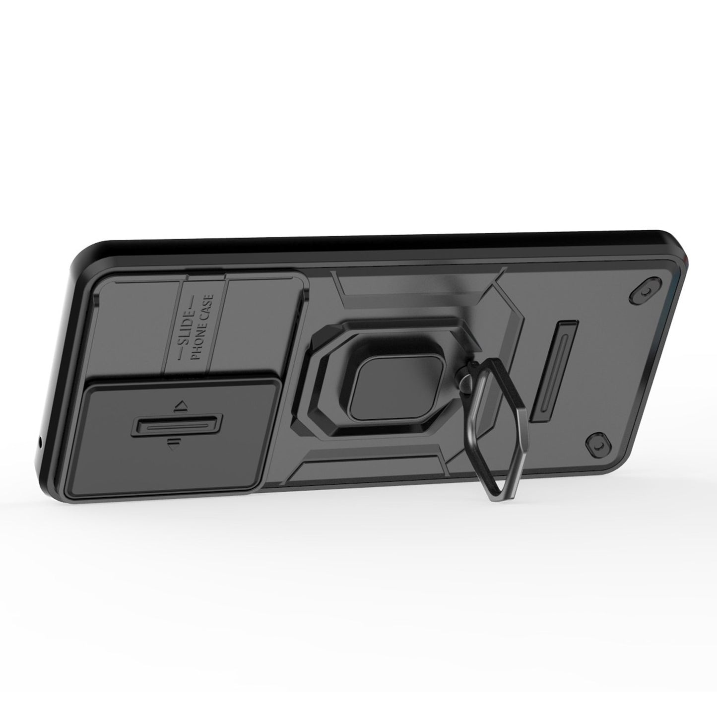 For Oppo A79 5G / A2 5G Case Camera Protection PC+TPU Phone Cover with Ring Kickstand - Black