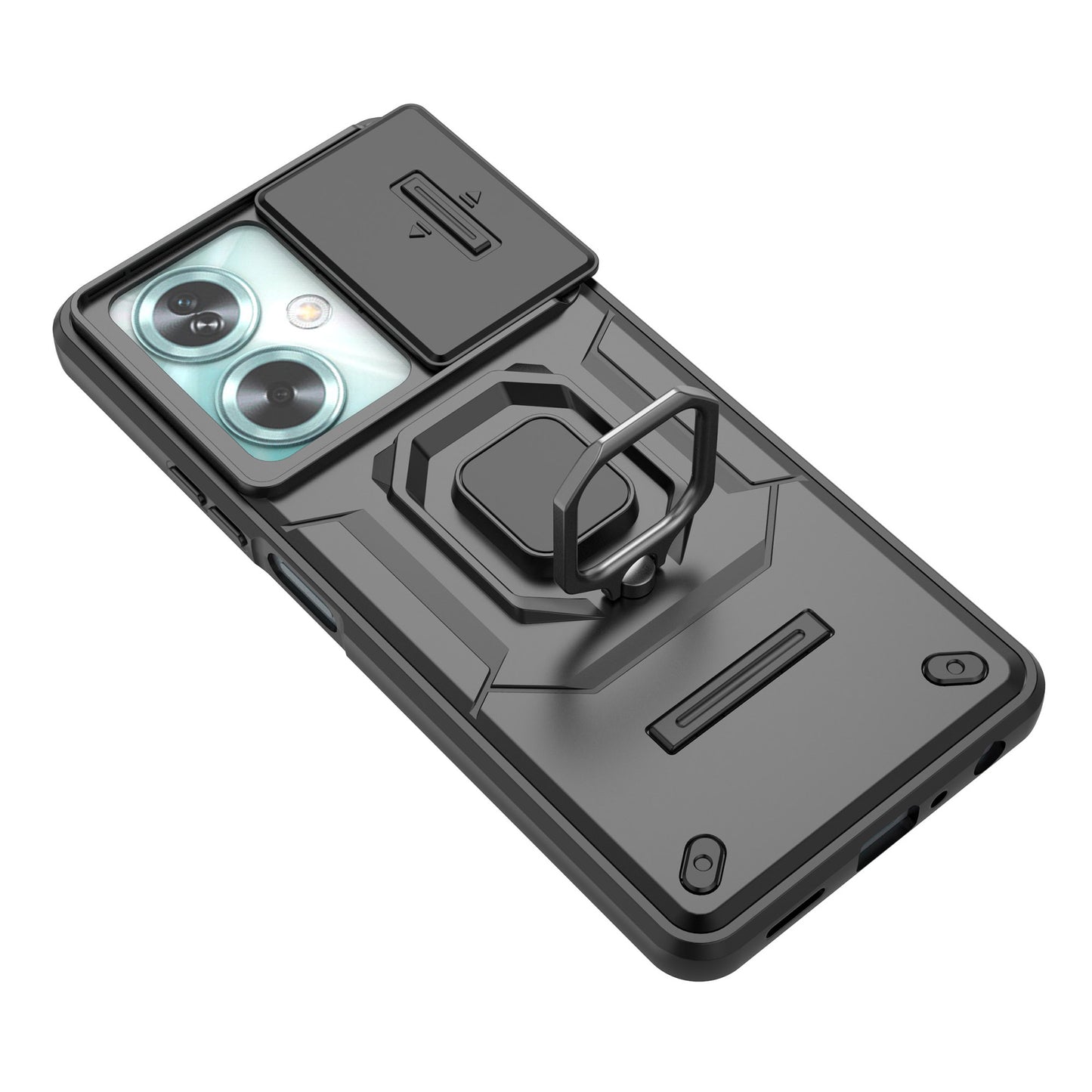 For Oppo A79 5G / A2 5G Case Camera Protection PC+TPU Phone Cover with Ring Kickstand - Black
