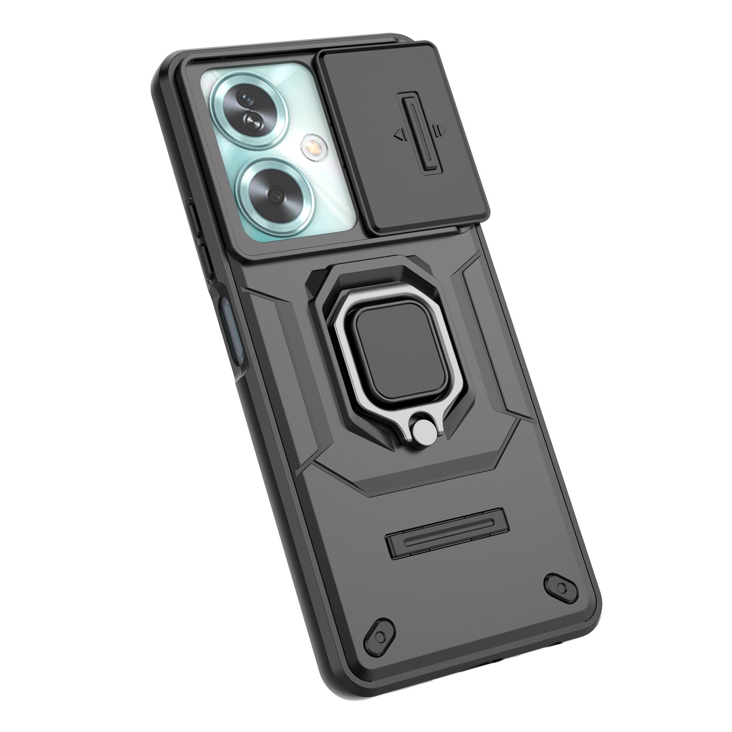 For Oppo A79 5G / A2 5G Case Camera Protection PC+TPU Phone Cover with Ring Kickstand - Black