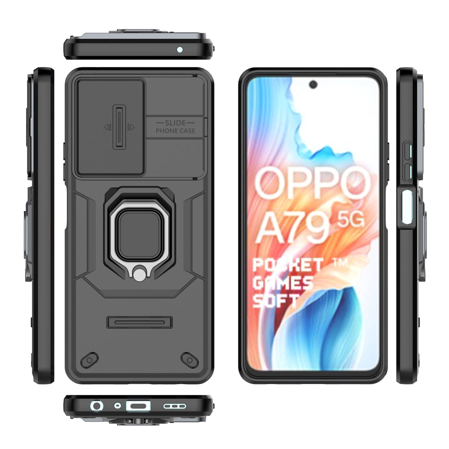 For Oppo A79 5G / A2 5G Case Camera Protection PC+TPU Phone Cover with Ring Kickstand - Black