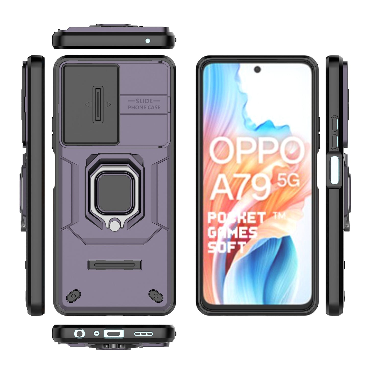 For Oppo A79 5G / A2 5G Case Camera Protection PC+TPU Phone Cover with Ring Kickstand - Purple