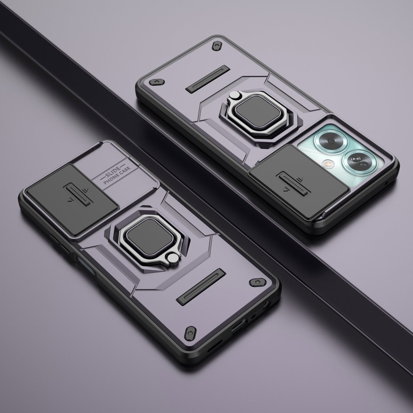 For Oppo A79 5G / A2 5G Case Camera Protection PC+TPU Phone Cover with Ring Kickstand - Purple