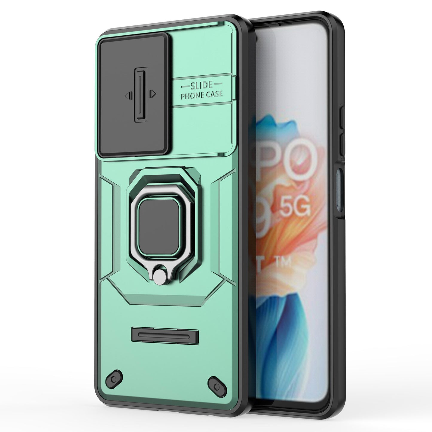 For Oppo A79 5G / A2 5G Case Camera Protection PC+TPU Phone Cover with Ring Kickstand - Green