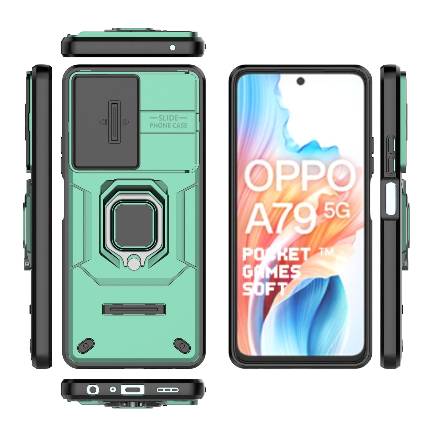 For Oppo A79 5G / A2 5G Case Camera Protection PC+TPU Phone Cover with Ring Kickstand - Green