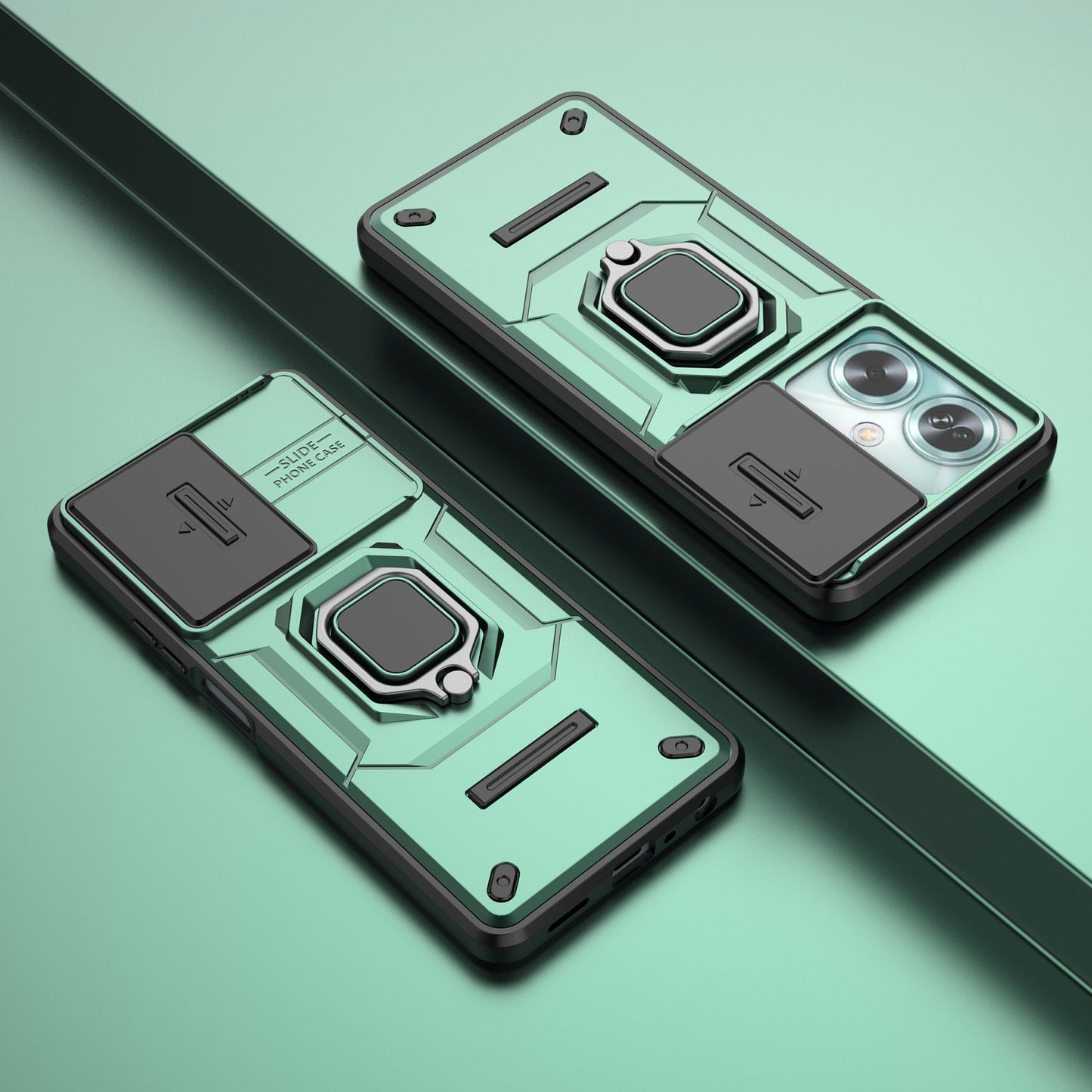 For Oppo A79 5G / A2 5G Case Camera Protection PC+TPU Phone Cover with Ring Kickstand - Green