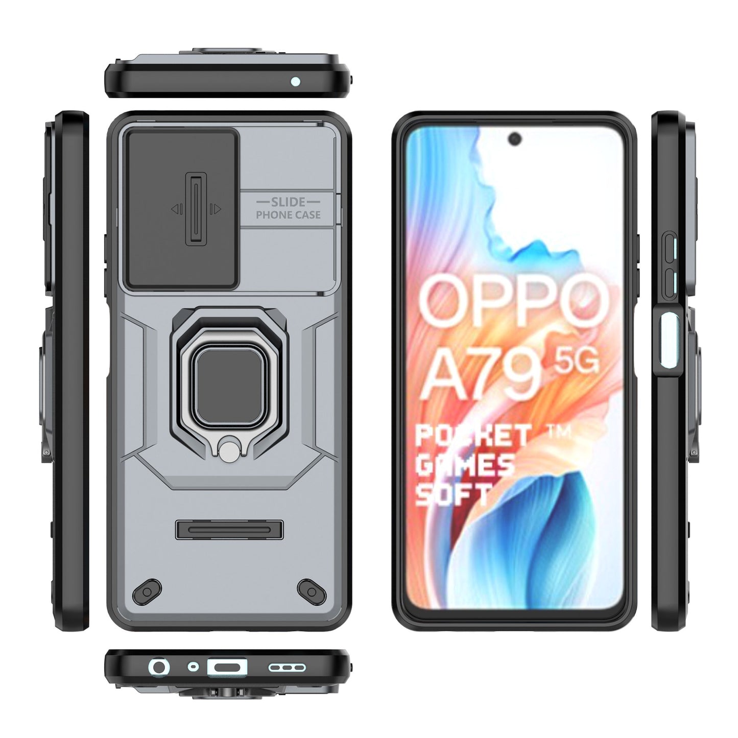 For Oppo A79 5G / A2 5G Case Camera Protection PC+TPU Phone Cover with Ring Kickstand - Grey