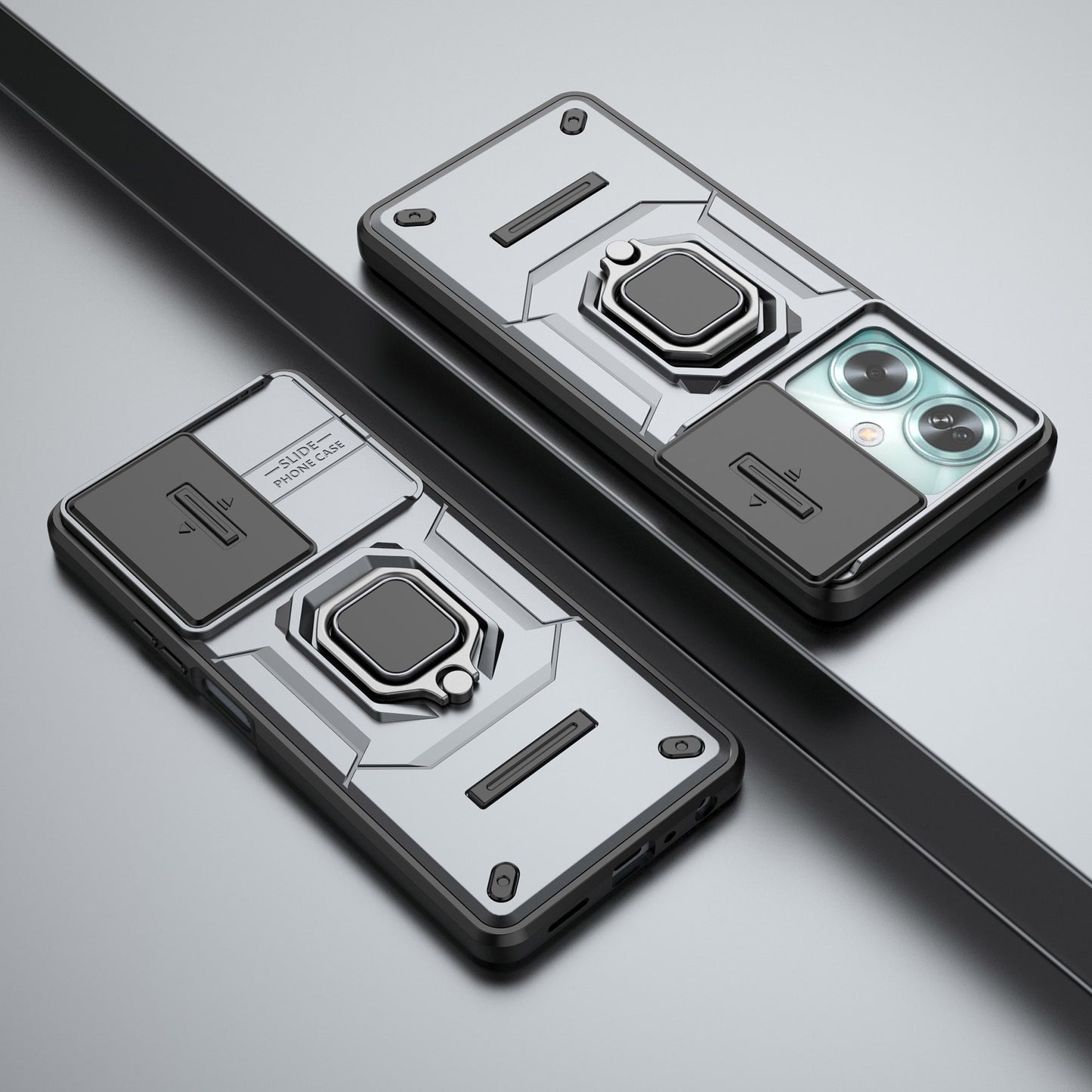 For Oppo A79 5G / A2 5G Case Camera Protection PC+TPU Phone Cover with Ring Kickstand - Grey