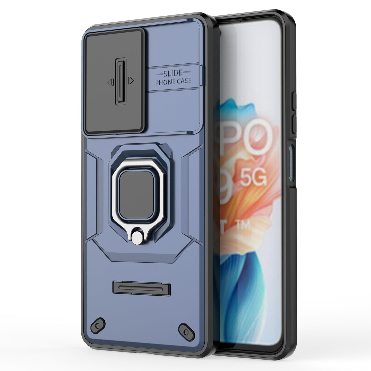 For Oppo A79 5G / A2 5G Case Camera Protection PC+TPU Phone Cover with Ring Kickstand - Blue