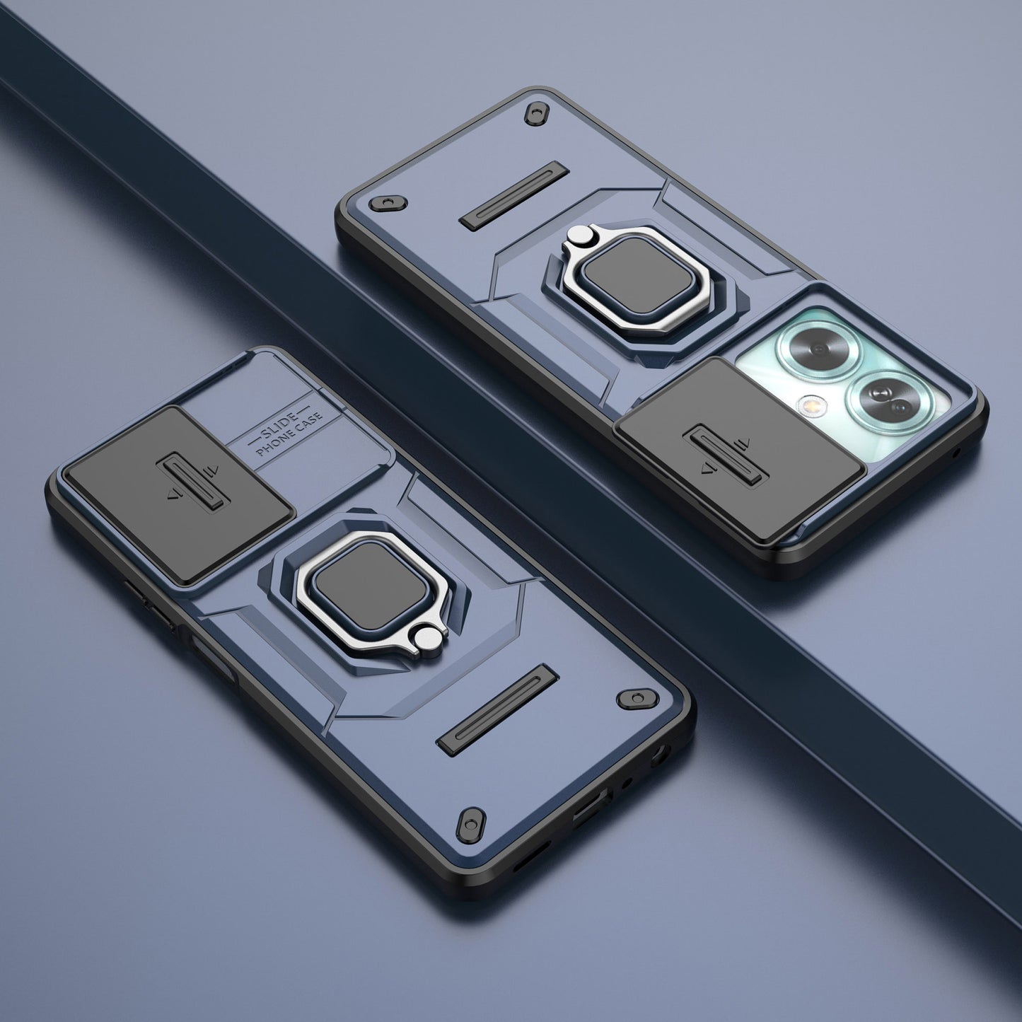 For Oppo A79 5G / A2 5G Case Camera Protection PC+TPU Phone Cover with Ring Kickstand - Blue